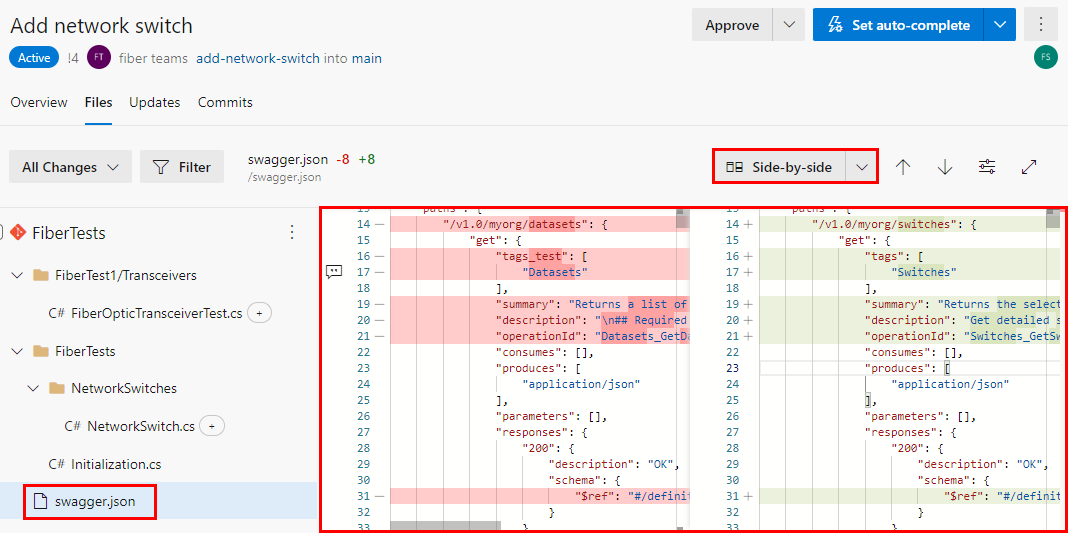 Screenshot of a side-by-side diff view in the Files tab of a PR.