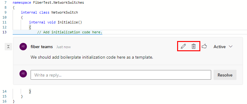 Screenshot showing the edit and delete buttons in a PR comment.
