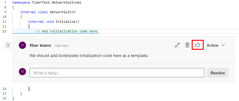 Screenshot showing the like button in a PR comment.