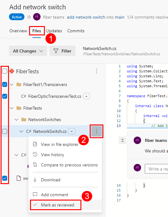 Screenshot of the mark-as-reviewed option in the file options menu in the Files tab of a PR.
