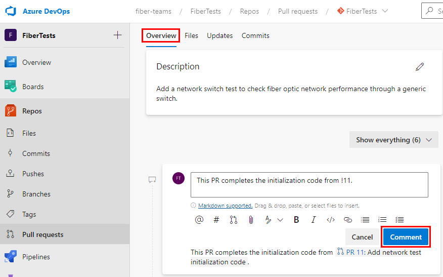 Screenshot of a comment box in the Overview tab of an Azure Repos PR.