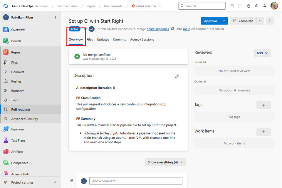 Screenshot of the Azure Repos PR overview tab.
