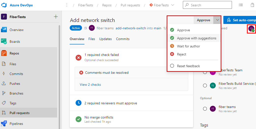 Screenshot of the vote options in an Azure Repos PR.