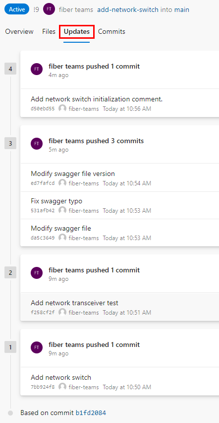 Screenshot of a changeset list in the Updates tab of a PR.