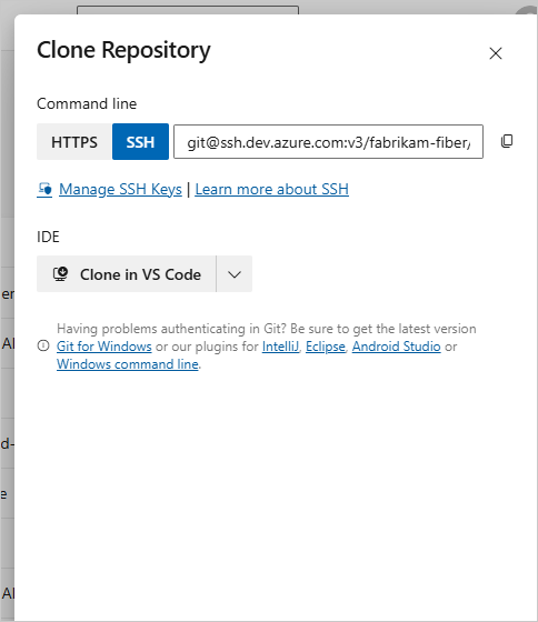 Screenshot showing Azure Repos SSH cloned URL.