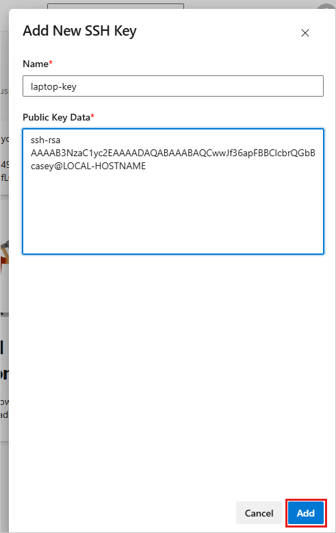 Screenshot showing configuring a Public Key in Azure DevOps.