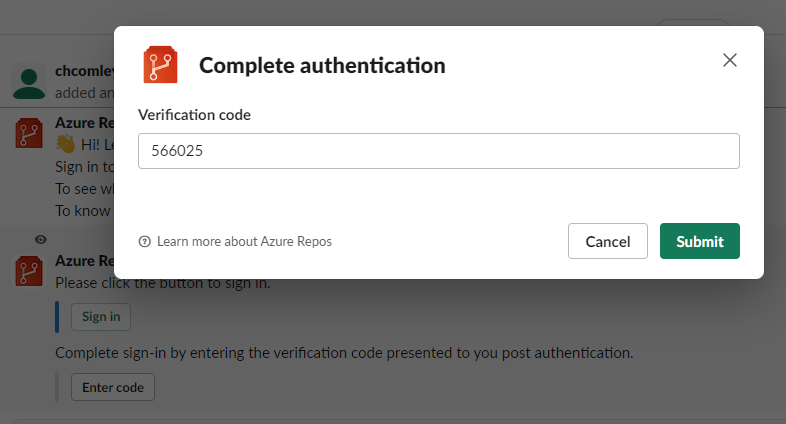 Screenshot of final authentication screen when verification code is pasted and then submit button is selected.