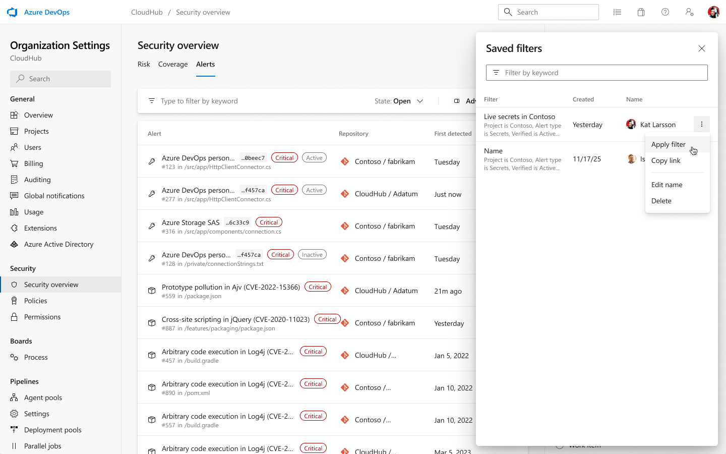 Screenshot of a filtered Alerts view used to create a security campaign in the security overview tab.