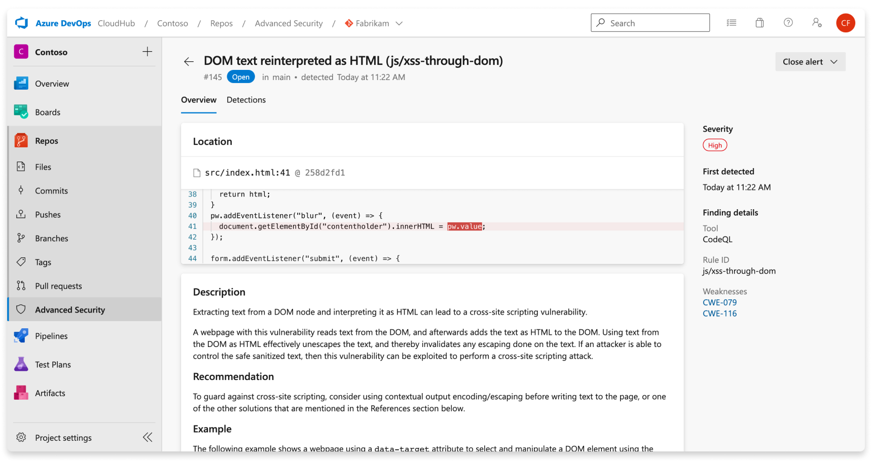 Screenshot of code scanning alert detail.