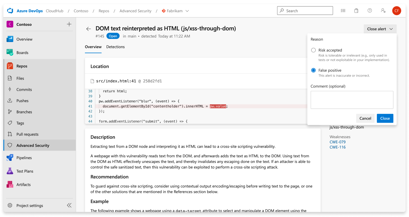Screenshot of how to dismiss a code scanning alert.