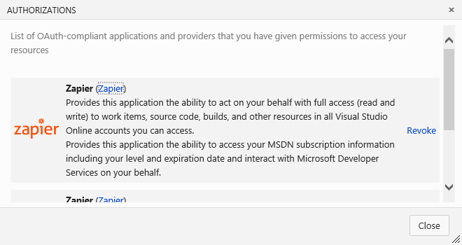 Screenshot of the Authorizations dialog. The permissions granted to the Zapier service are visible, and a Revoke link is available.