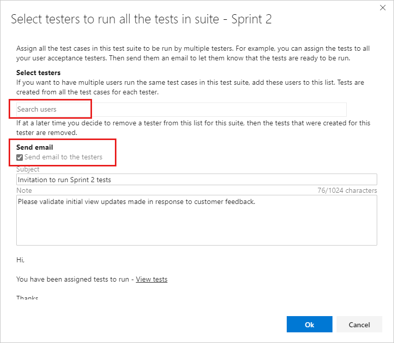 Screenshot showing Assigning testers to run all tests dialog box with Search users and Send email called out.