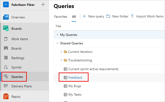 Screenshot shows Boards with Queries selected and the Feedback query selected.