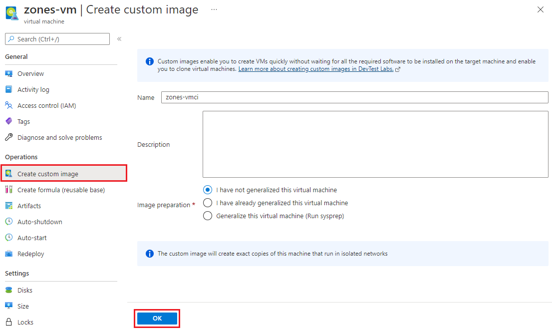 Screenshot that shows the Create custom image page.