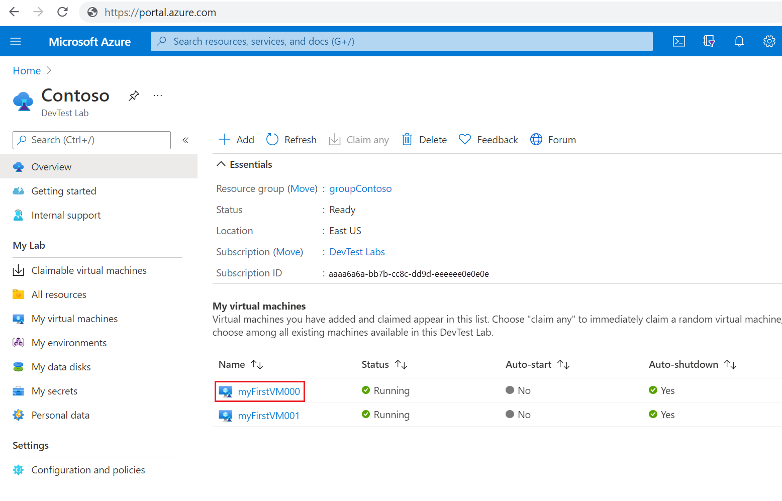 Screenshot that shows a VM selected on a lab's All resources page.