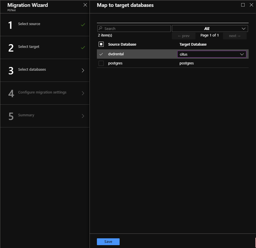 Map to target databases screen