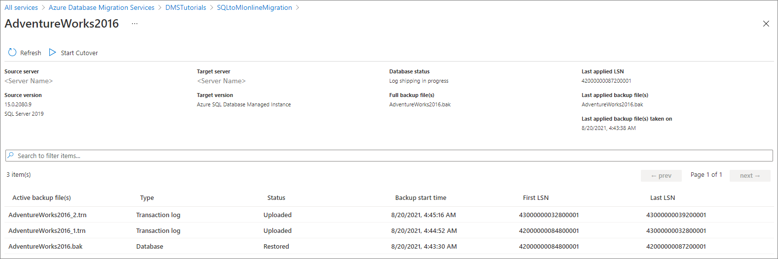 Migration activity status