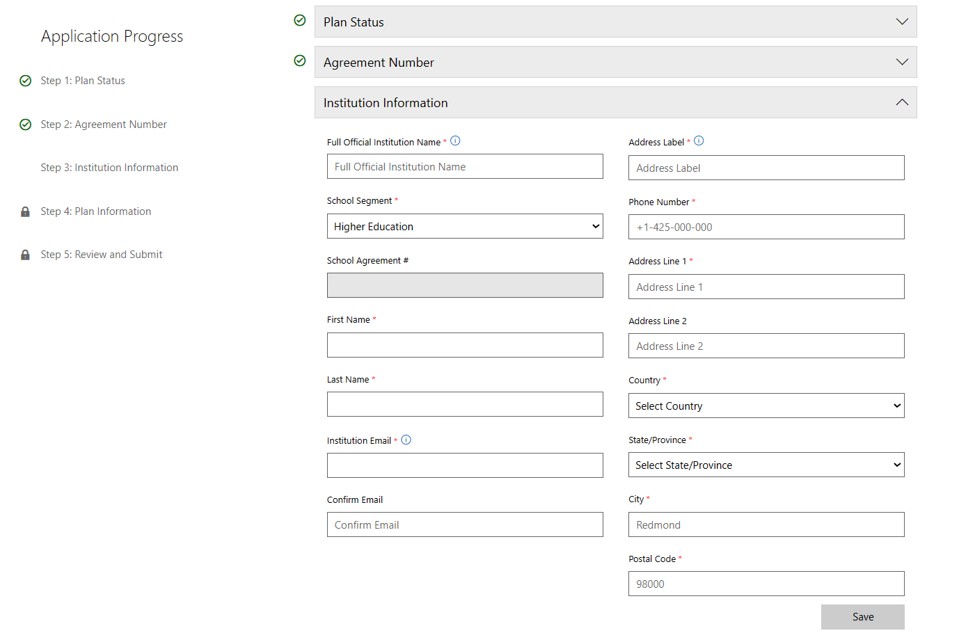 Screenshot that shows institution information.