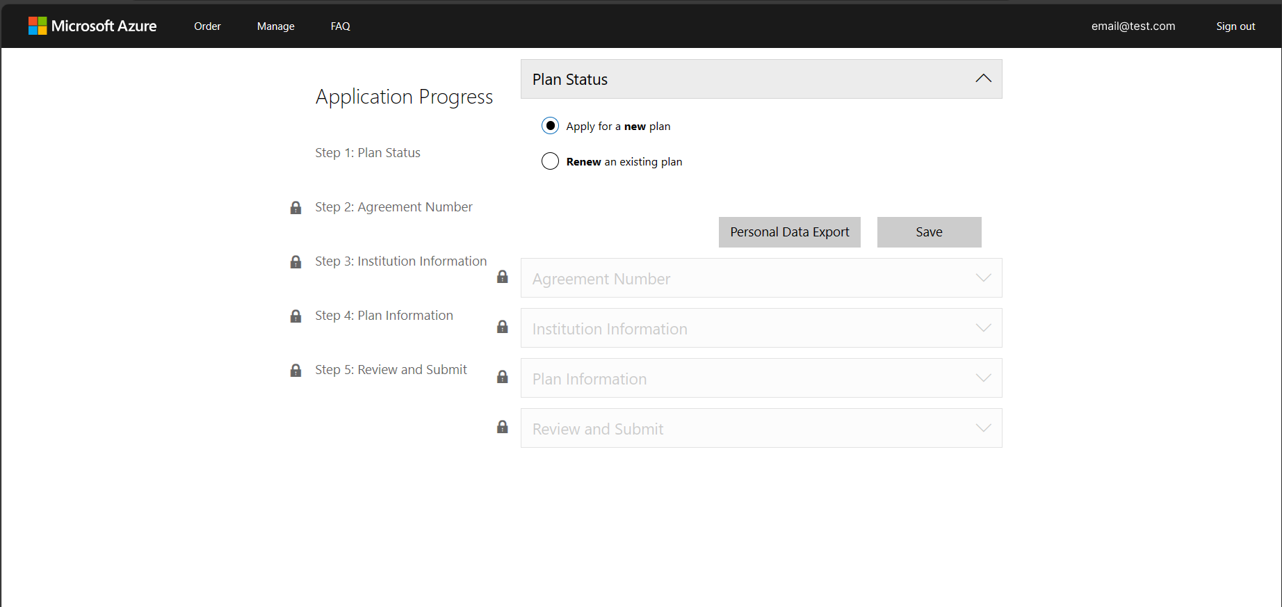 Screenshot that shows the option for applying for a new plan.