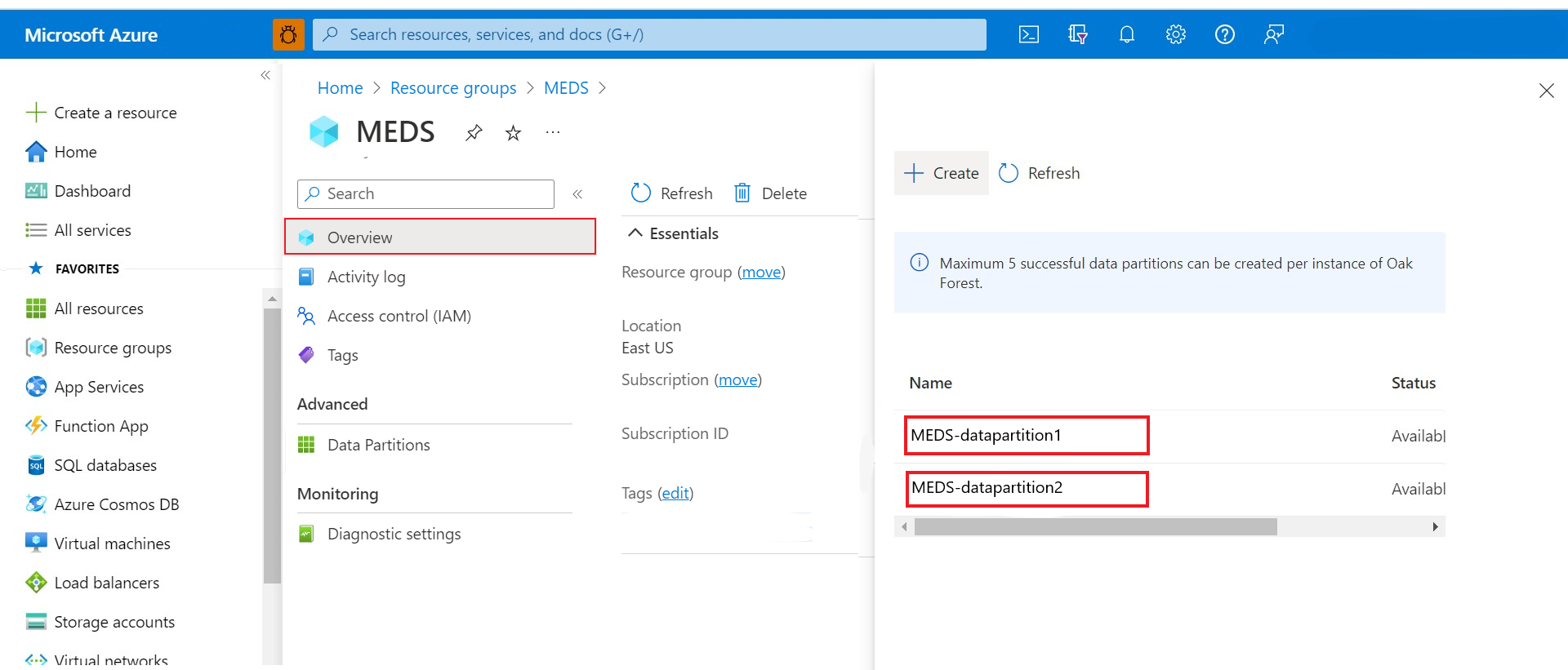 Screenshot that shows finding the data-partition-id from the Azure Data Manager for Energy instance Overview page with the data partitions.