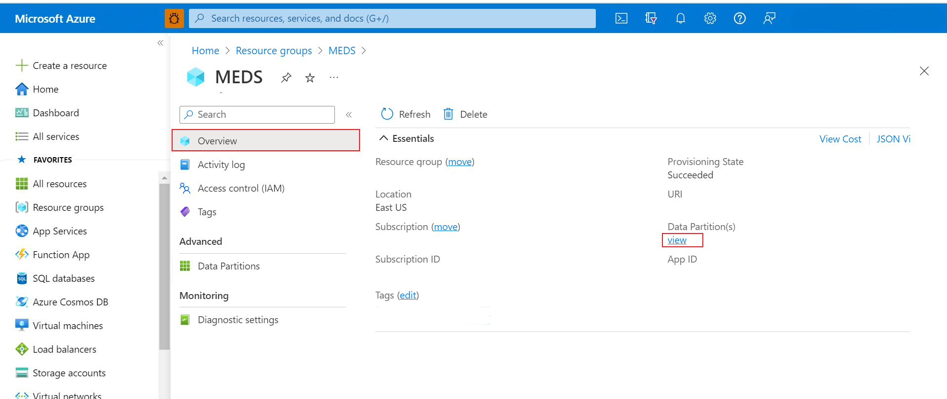 Screenshot that shows finding the data-partition-id from the Azure Data Manager for Energy instance Overview page.