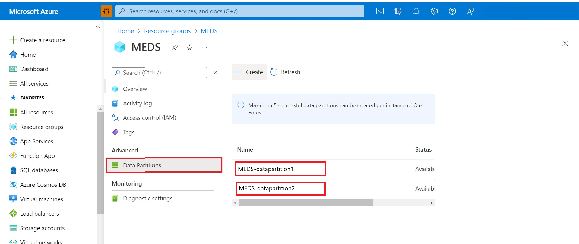 Screenshot that shows finding the data-partition-id from the Azure Data Manager for Energy instance.