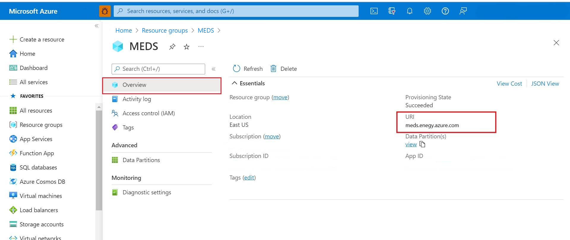 Screenshot that shows finding the URI for the Azure Data Manager for Energy instance.