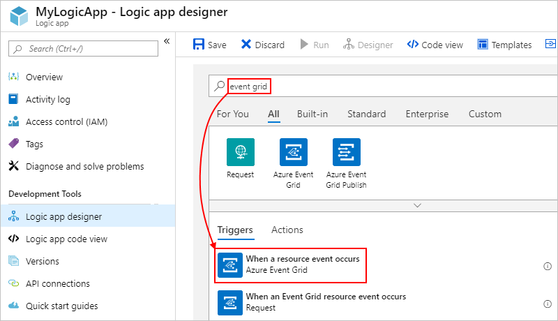 Screenshot that shows the workflow designer with the selected Azure Event Grid trigger.