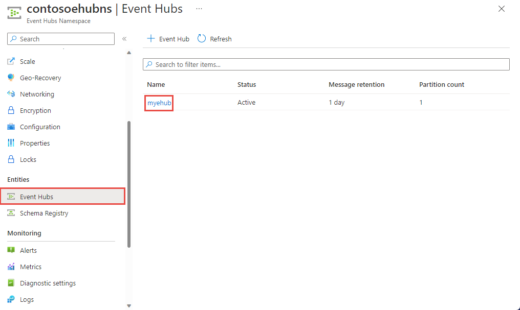 Screenshot showing the selection of an event hub in the list of event hubs.