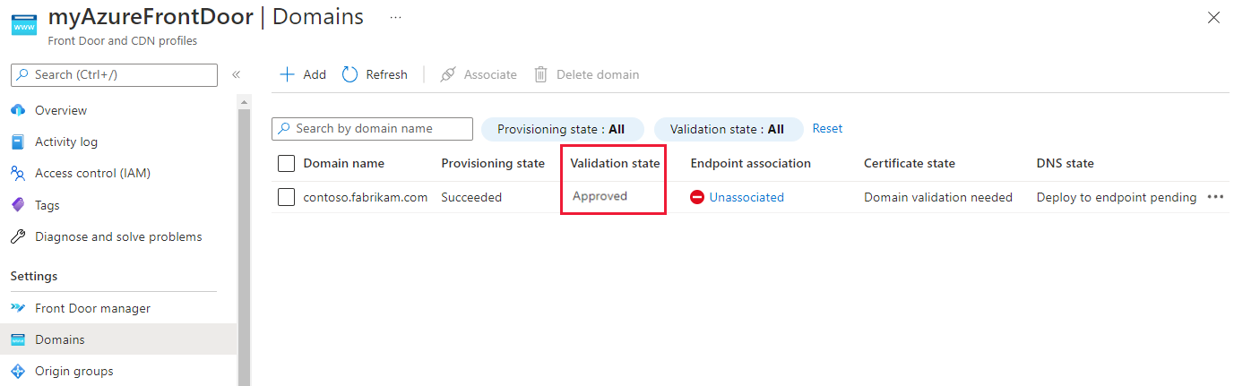 Screenshot that shows the Provisioning state and the Approved status.