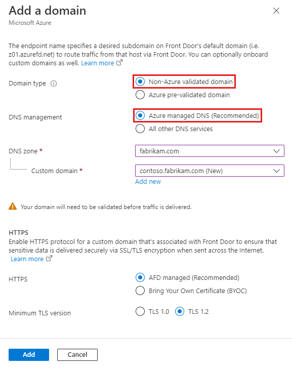 Screenshot of add a domain page with Azure managed DNS selected.
