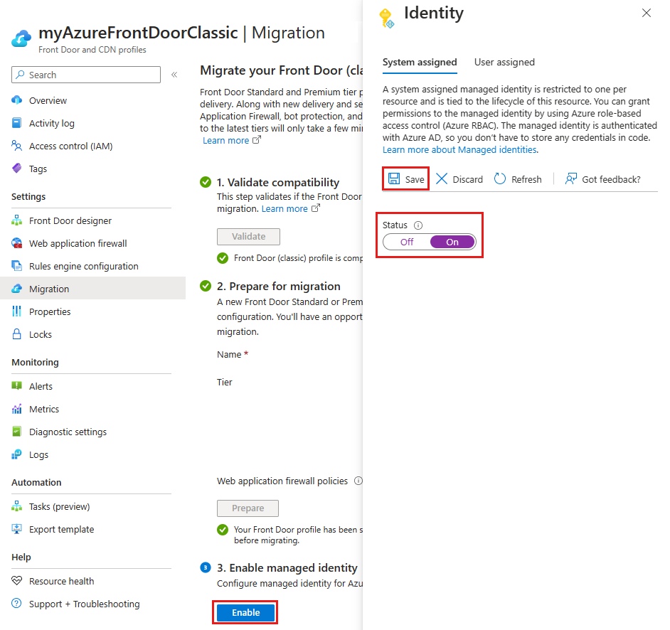 Screenshot of the enable manage identity button for Front Door migration.