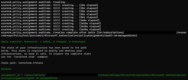 Screenshot of running the terraform apply command and the resulting resource creation.