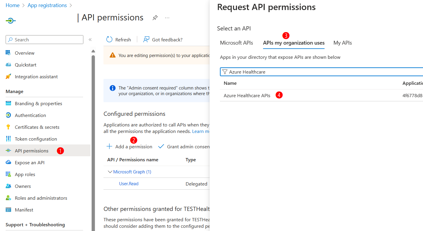 Screenshot showing application registration permissions.