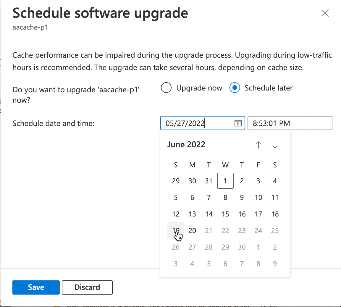 Screenshot of the Schedule software upgrade blade showing radio buttons with "Schedule later" selected and fields to select a new date and time.