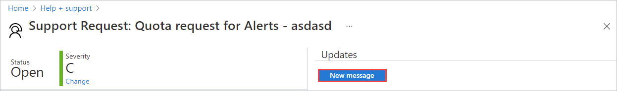 Screenshot showing a New message selected for an Azure support request.