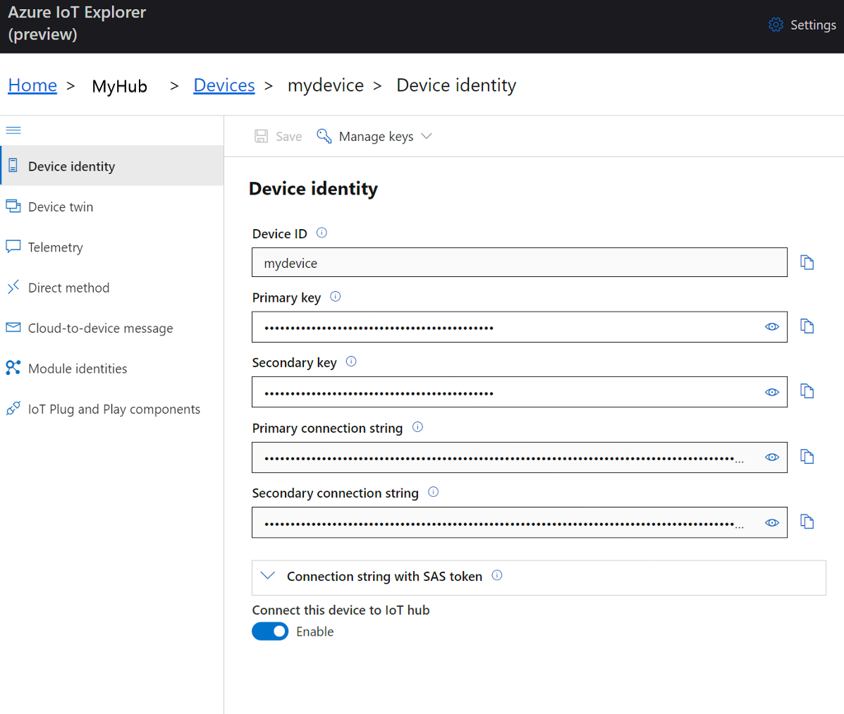 Screenshot of Azure IoT Explorer device identity.