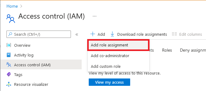 Screenshot of Access control (IAM) page with Add role assignment menu open.