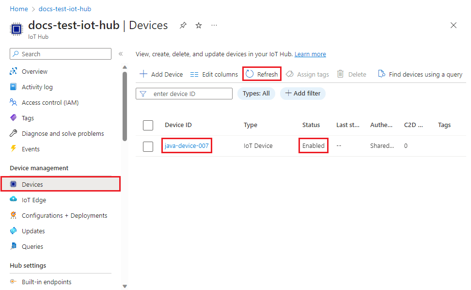 Screenshot showing that the device is registered with the IoT hub and enabled for the Java example.