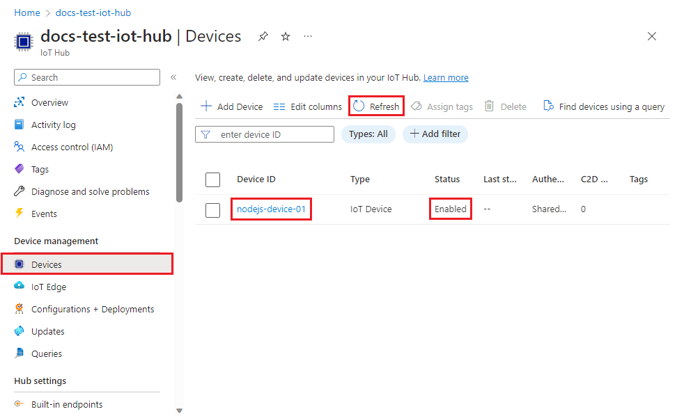 Screenshot showing that the device is registered with the IoT hub and enabled for the Node.js example.