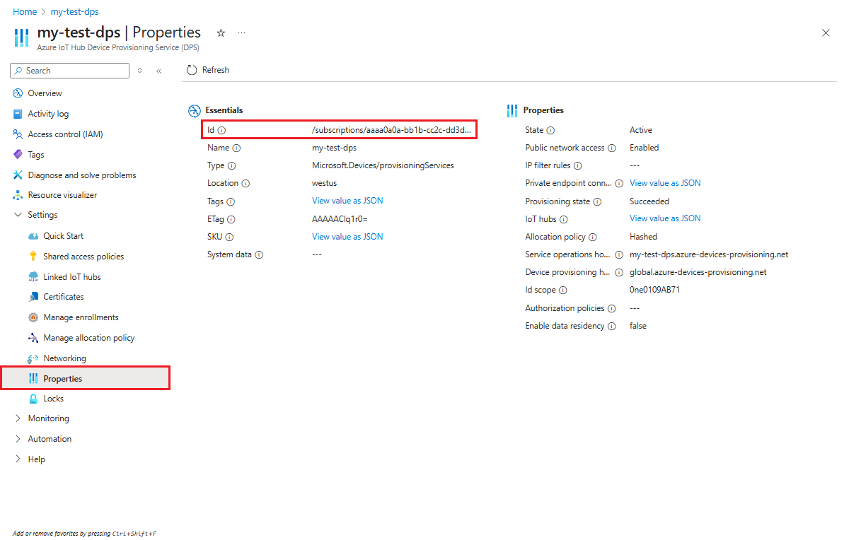 Screenshot that shows the Properties page of a DPS instance in Azure portal, highlighting the resource ID for the DPS instance.