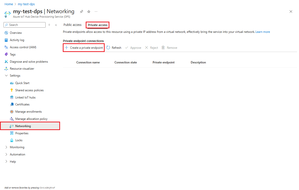 Screenshot that shows adding a new private endpoint for a DPS instance in the Azure portal.