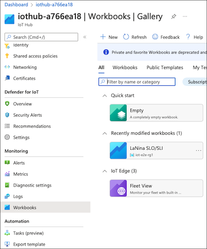 Screenshot of I o T Hub monitoring showing the Workbooks. From the Gallery in the Azure portal.