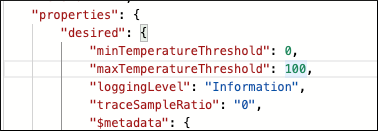 Sample JSON showing the logging level and trace sample ratio values.