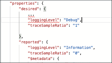 Screenshot of module troubleshooting showing how to update the FilterModule twin properties.