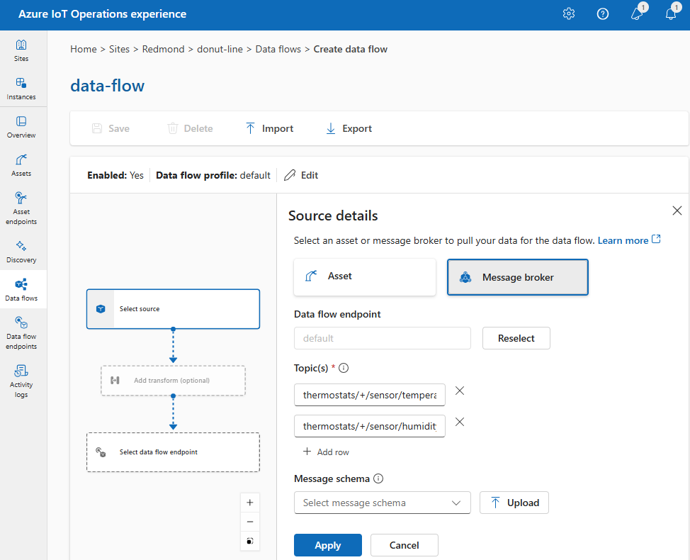 Screenshot using operations experience to select message broker as the source endpoint.