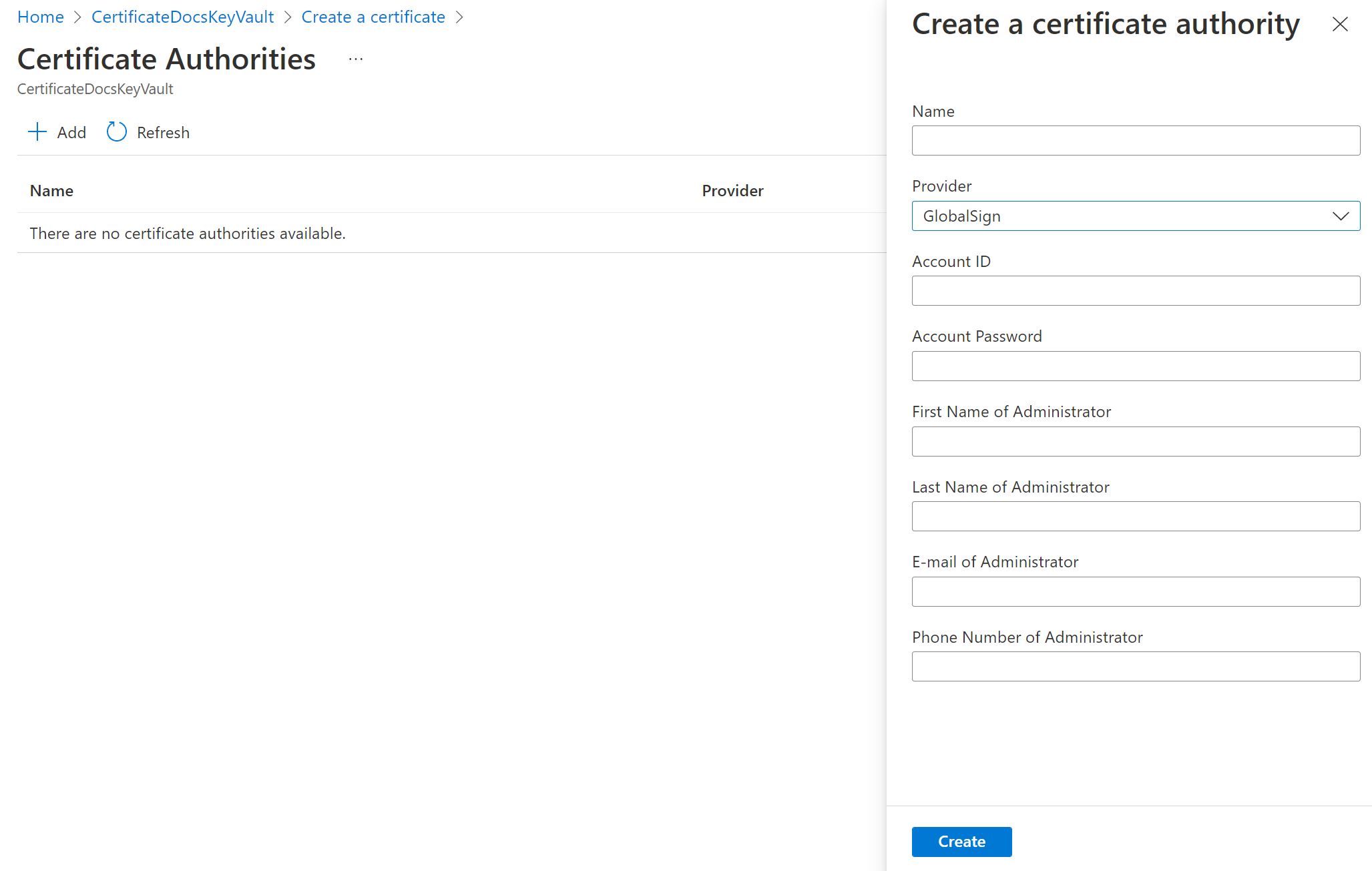 Screenshot that shows the Add button on the Global Sign Certificate Authorities tab.