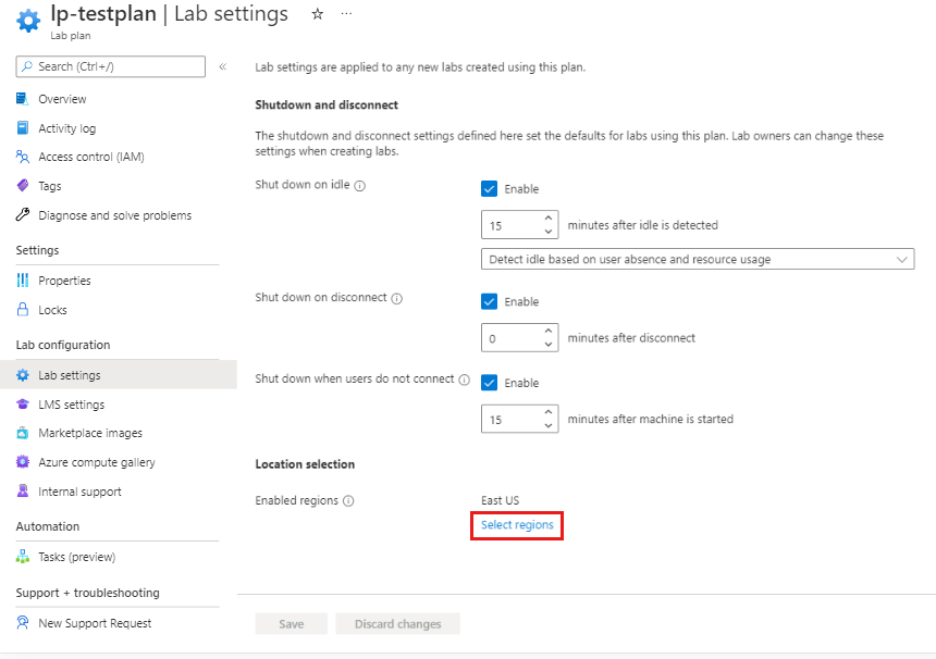 Screenshot that shows the Lab settings page with Select regions highlighted.