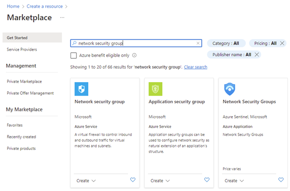 Screenshot of Azure Marketplace with virtual network security group tile.
