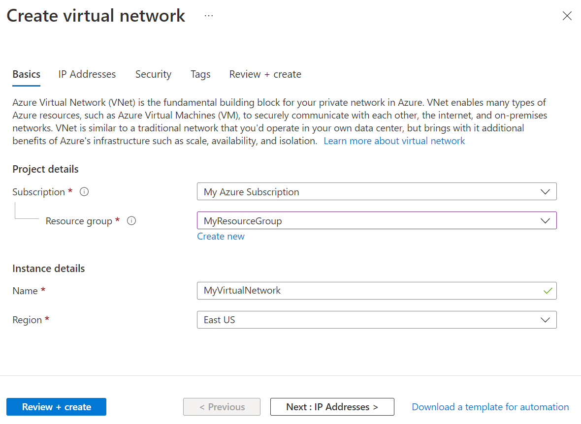 Screenshot of Basics tab of Create virtual network page in the Azure portal.